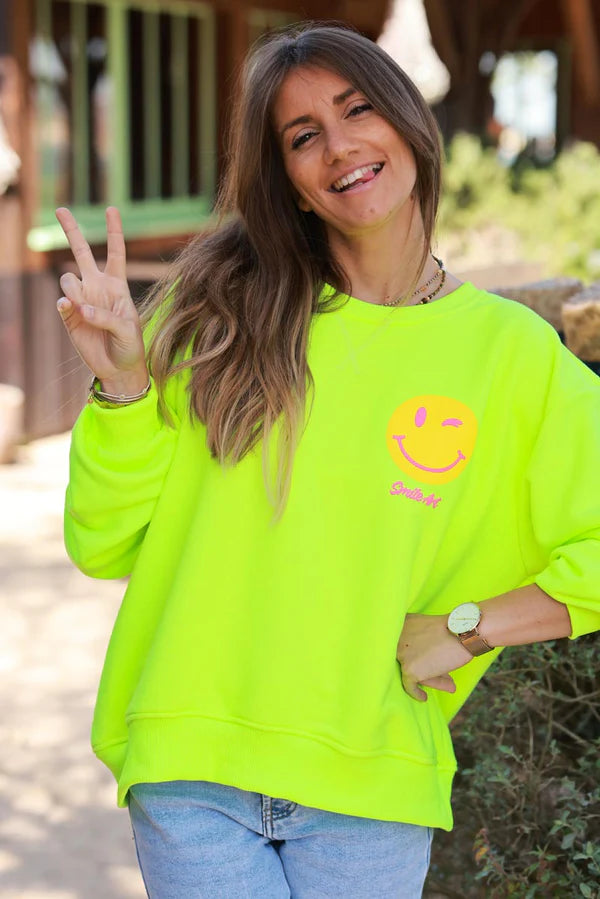 Neon Yellow “WHY NOT” Smiley Screen Print Sweater