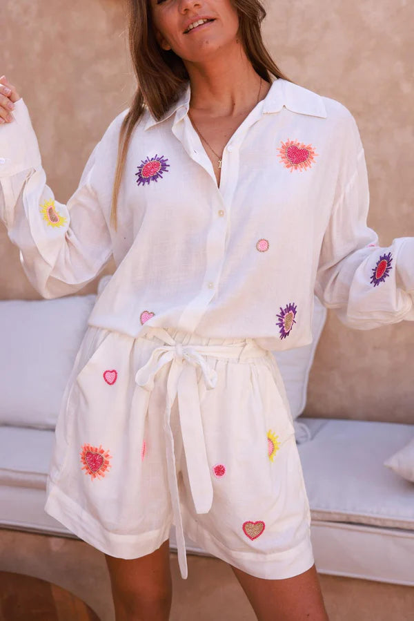 Off White Beaded Sunburst Viscose Linen 2-Piece Set