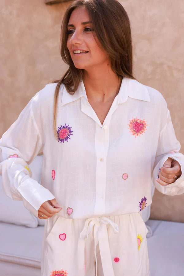 Off White Beaded Sunburst Viscose Linen 2-Piece Set
