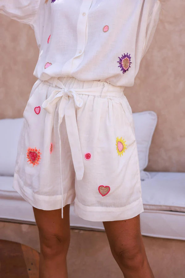 Off White Beaded Sunburst Viscose Linen 2-Piece Set