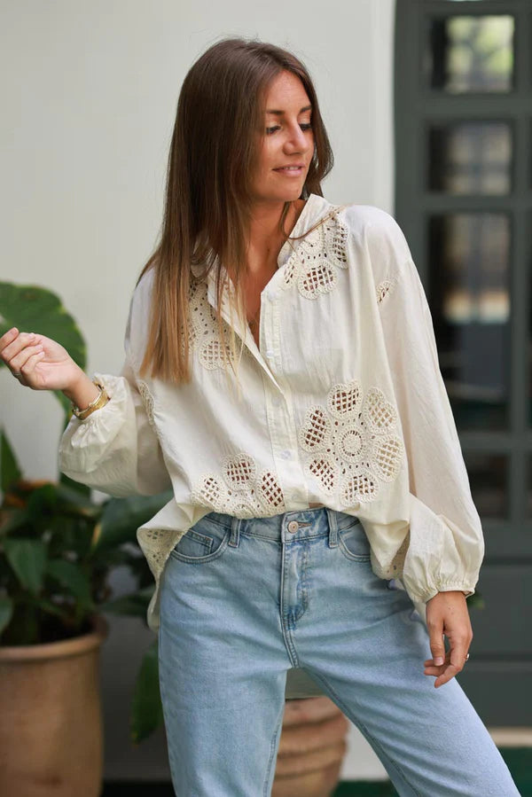 Off white Cotton Crochet Floral Inset Blouse