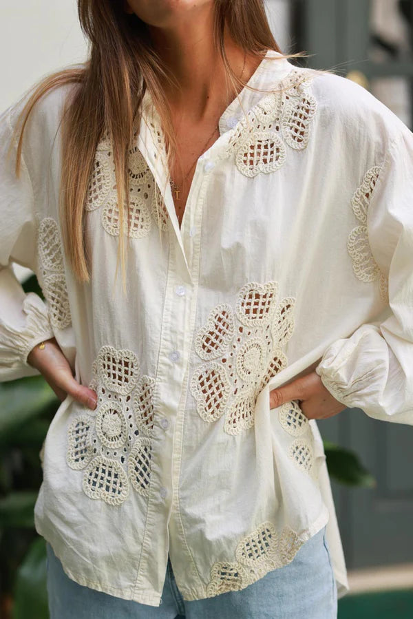 Off white Cotton Crochet Floral Inset Blouse