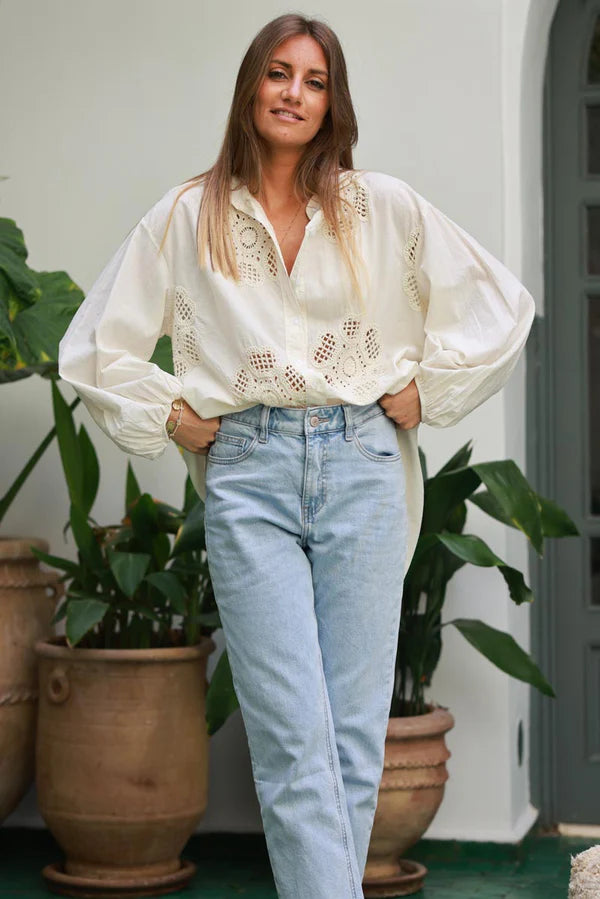Off white Cotton Crochet Floral Inset Blouse