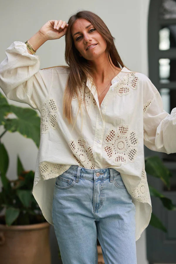 Off white Cotton Crochet Floral Inset Blouse