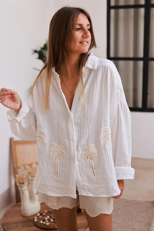 Off white Cotton Gauze Textured Palm Blouse