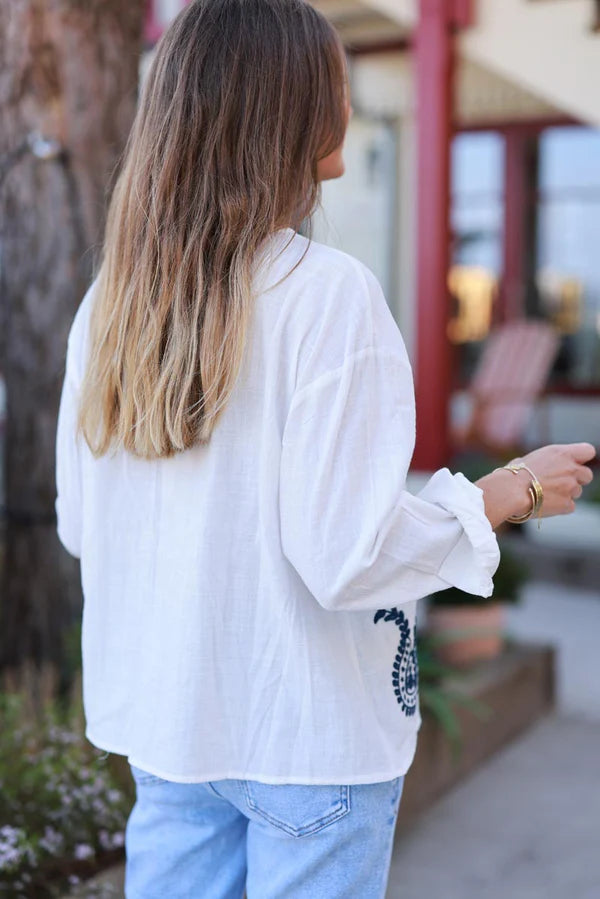 Off White Embroidered Paisley Cotton Boho Blouse