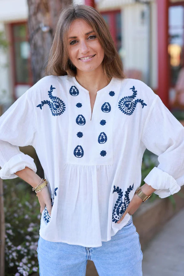 Off White Embroidered Paisley Cotton Boho Blouse