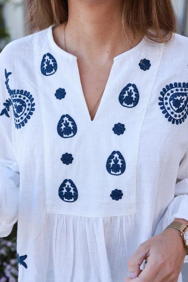 Off White Embroidered Paisley Cotton Boho Blouse
