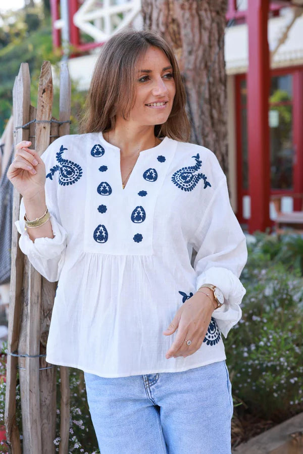 Off White Embroidered Paisley Cotton Boho Blouse
