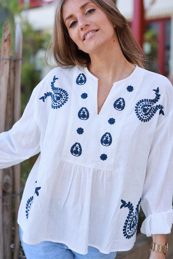 Off White Embroidered Paisley Cotton Boho Blouse