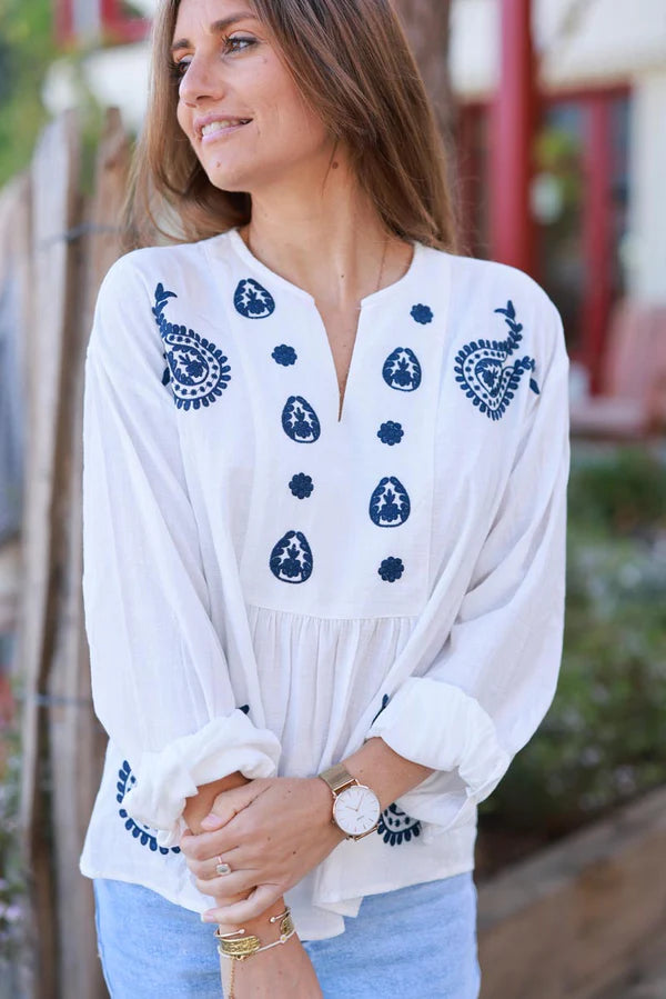 Off White Embroidered Paisley Cotton Boho Blouse