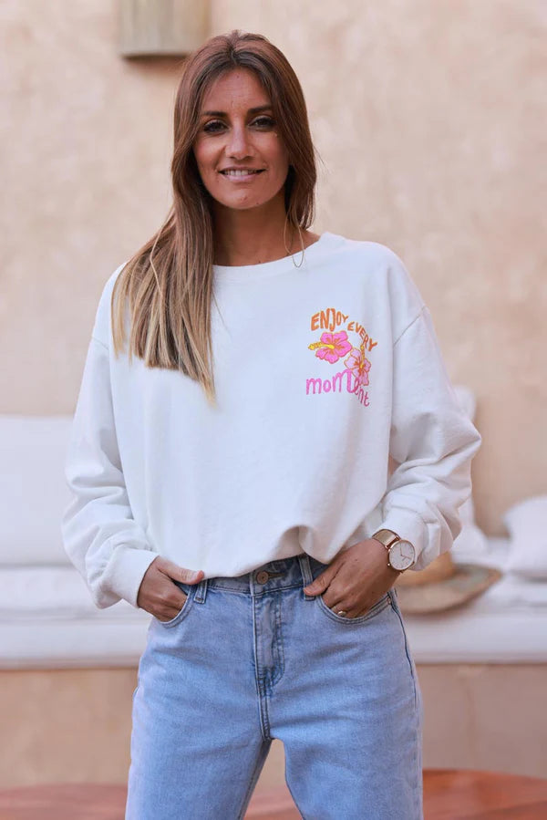 Off white “Enjoy Every Moment” Hibiscus Sweater