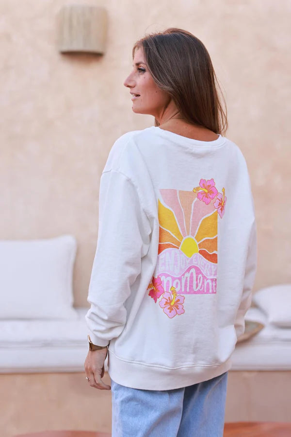 Off white “Enjoy Every Moment” Hibiscus Sweater