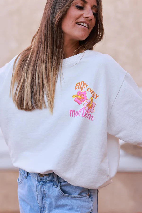 Off white “Enjoy Every Moment” Hibiscus Sweater