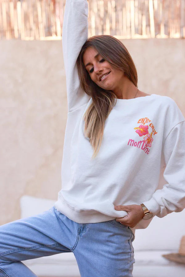 Off white “Enjoy Every Moment” Hibiscus Sweater