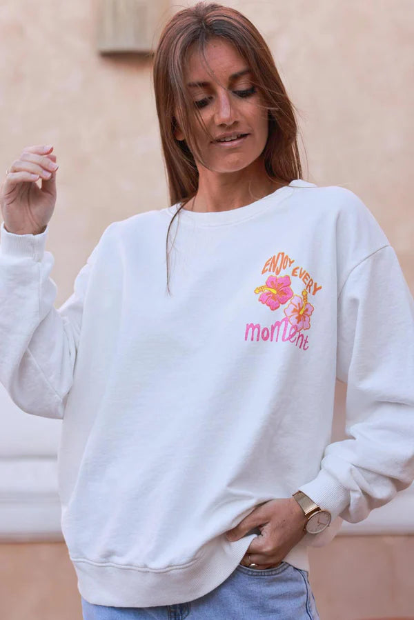 Off white “Enjoy Every Moment” Hibiscus Sweater