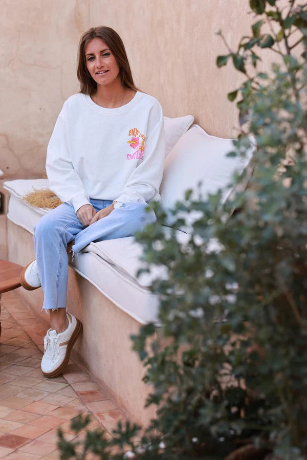 Off white “Enjoy Every Moment” Hibiscus Sweater