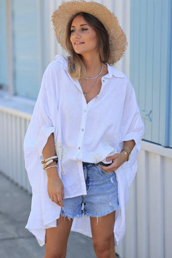 Off White Linen Blend Oversized Button-Down Shirt with Palm Tree in Boucle
