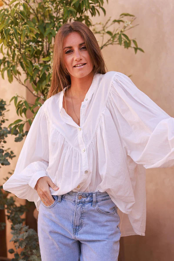Off white oversized cotton shirt with mother of pearl buttons