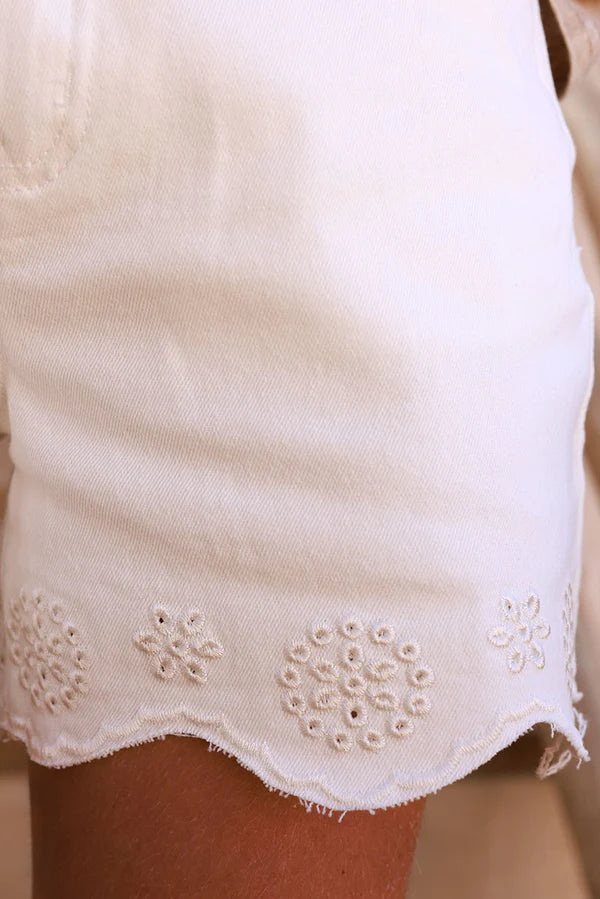 Off White Scalloped Hem Embroidered Denim Shorts