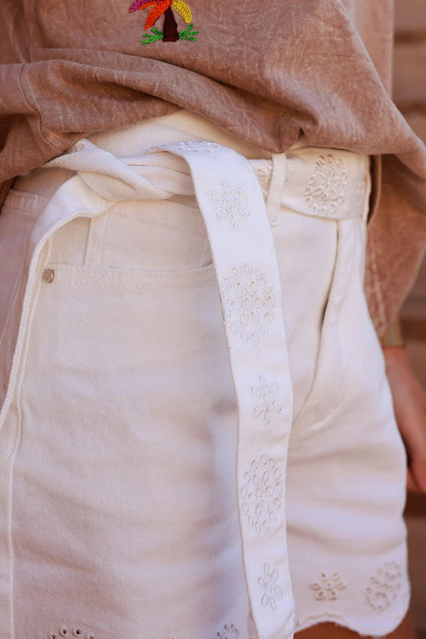 Off White Scalloped Hem Embroidered Denim Shorts