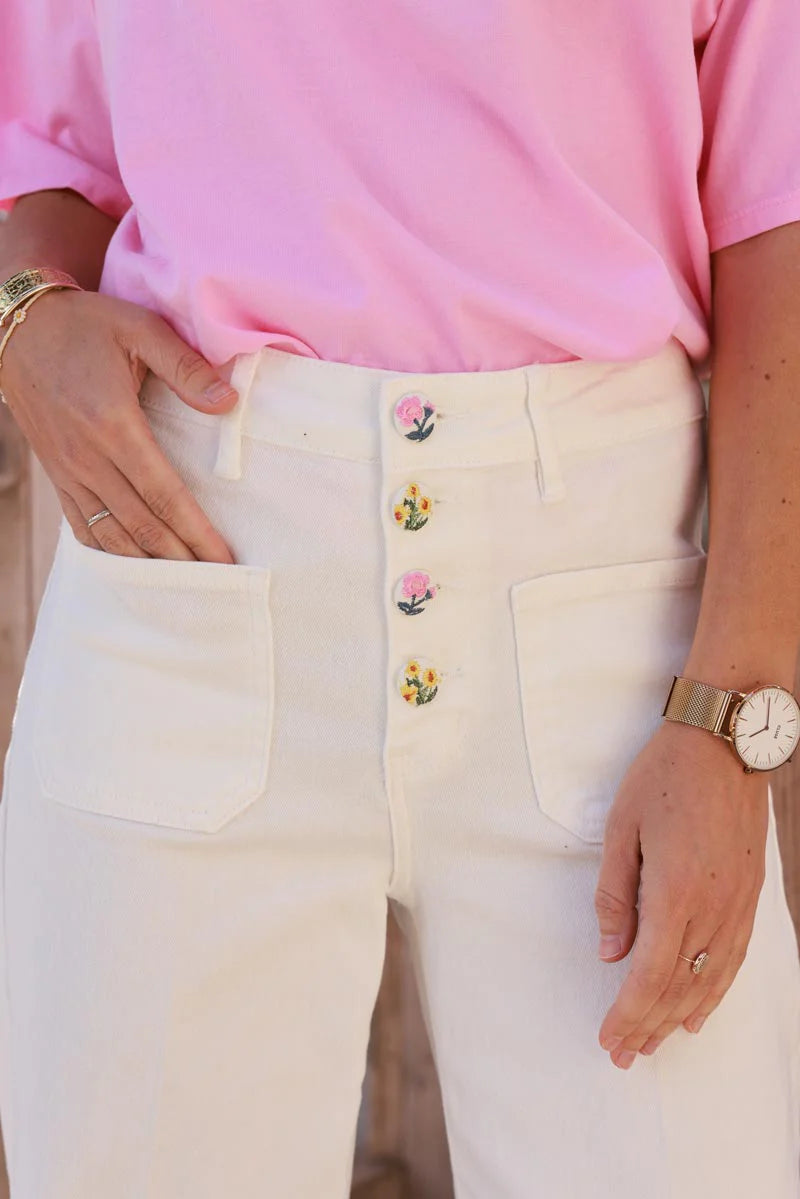 Off White Vintage Floral Button-Fly Wide-Leg Jeans