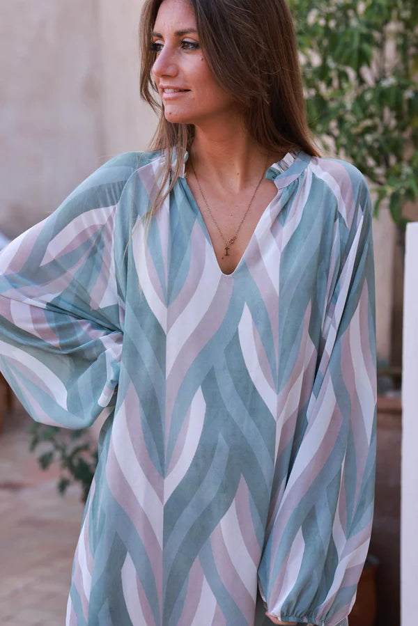 Olive Abstract Stripe Chiffon Mini Dress