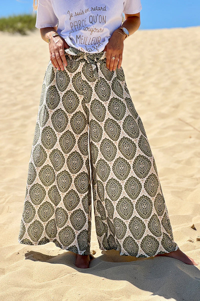 Olive Batik Medallions Belted Pull-On Pants