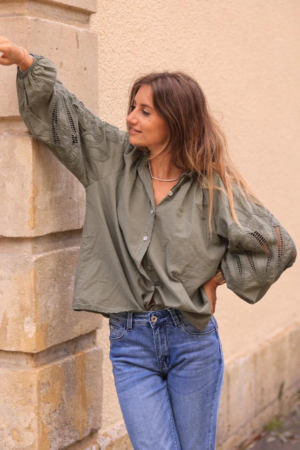 Olive Blouse with Open Crochet Sleeves