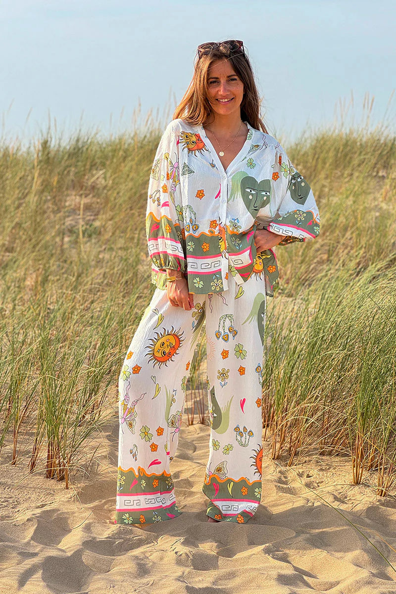 Olive Border Print Mystical Heart Boho Pull-On Pants