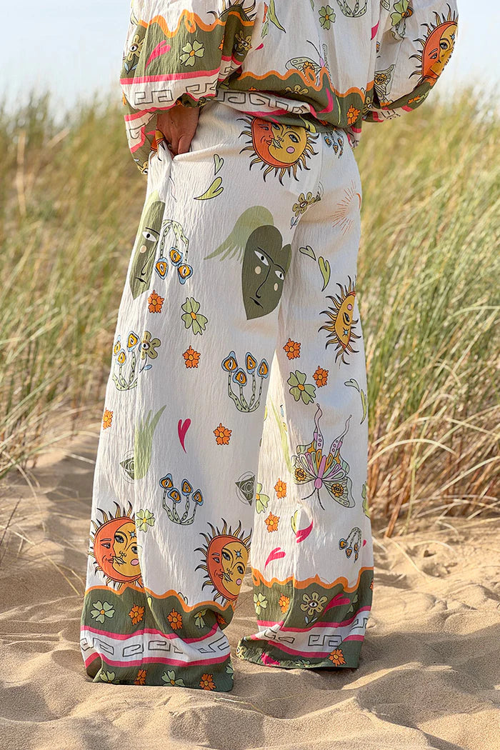 Olive Border Print Mystical Heart Boho Pull-On Pants