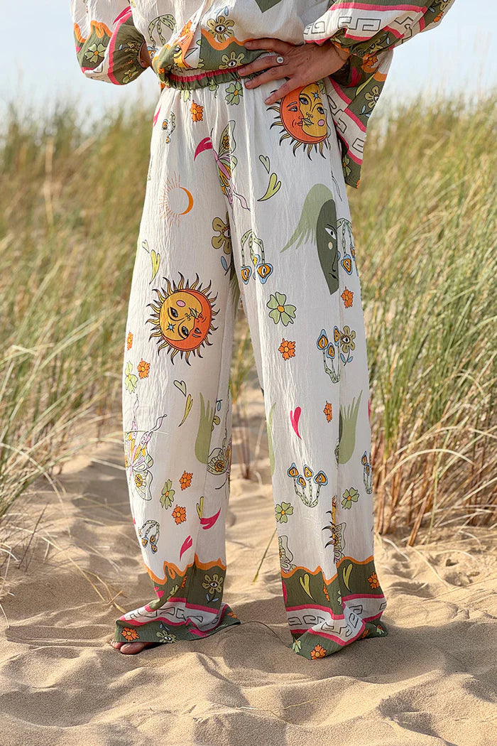 Olive Border Print Mystical Heart Boho Pull-On Pants