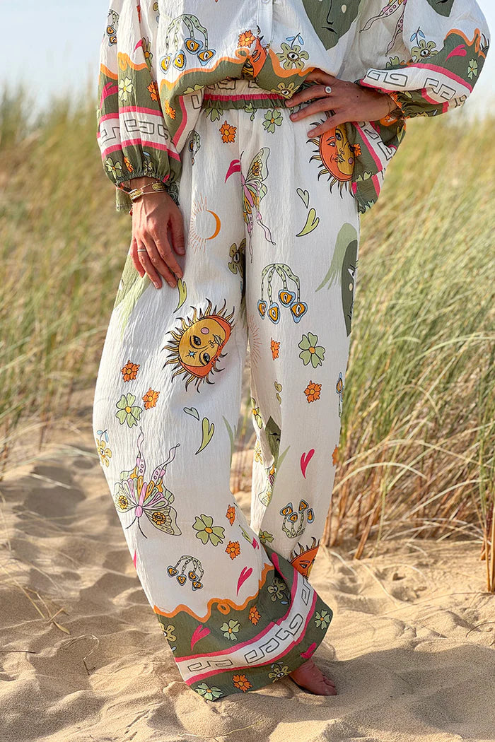 Olive Border Print Mystical Heart Boho Pull-On Pants