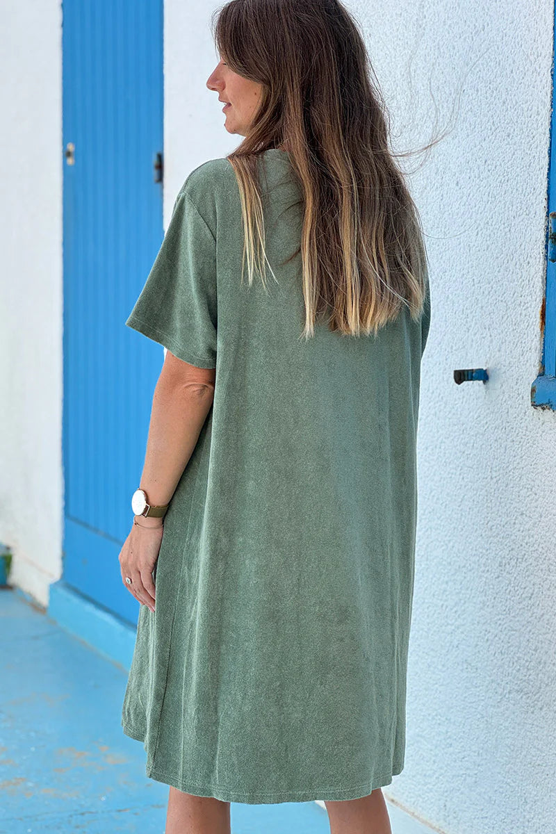 Olive Brushed Velour V-Neck Lounge Dress