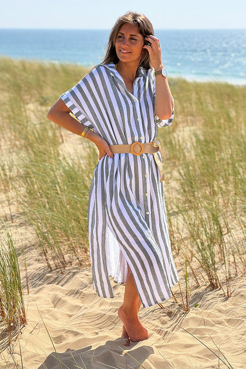 Olive Cabana Stripe Gauze Belted Shirt Dress