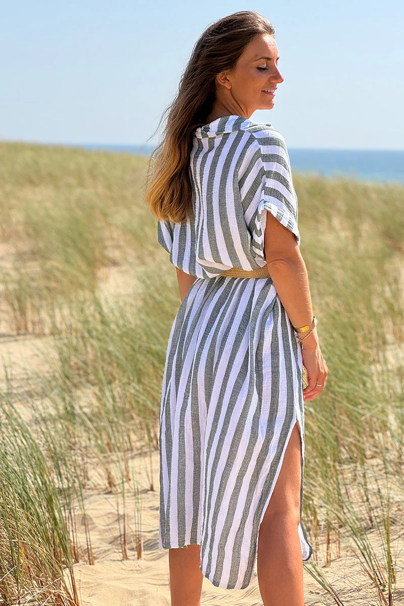 Olive Cabana Stripe Gauze Belted Shirt Dress