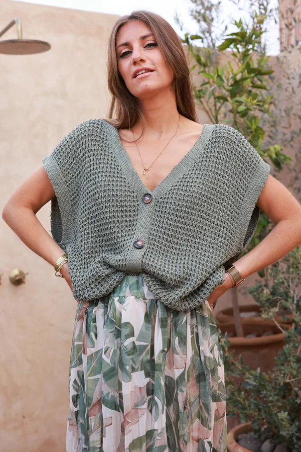 Olive Chunky Knit Cap-Sleeve Cardigan