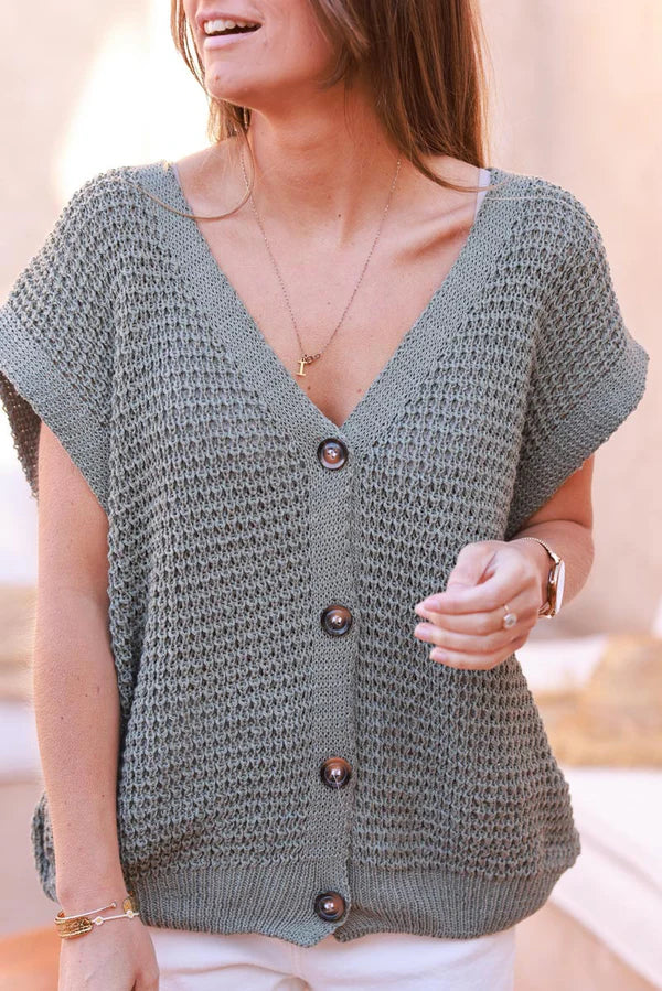 Olive Chunky Knit Cap-Sleeve Cardigan