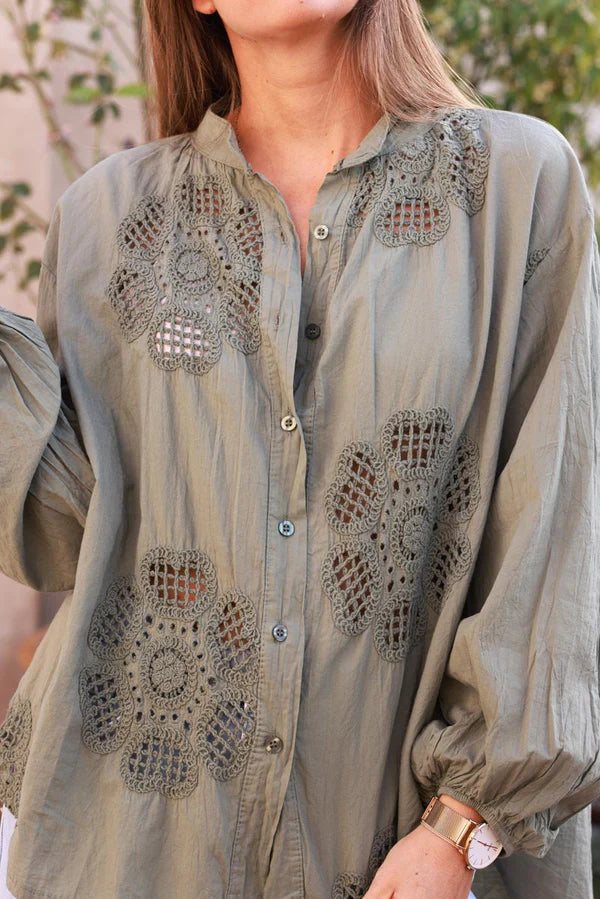 Olive Cotton Crochet Floral Inset Blouse