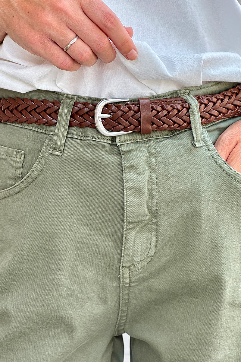 Olive Denim Belted Shorts