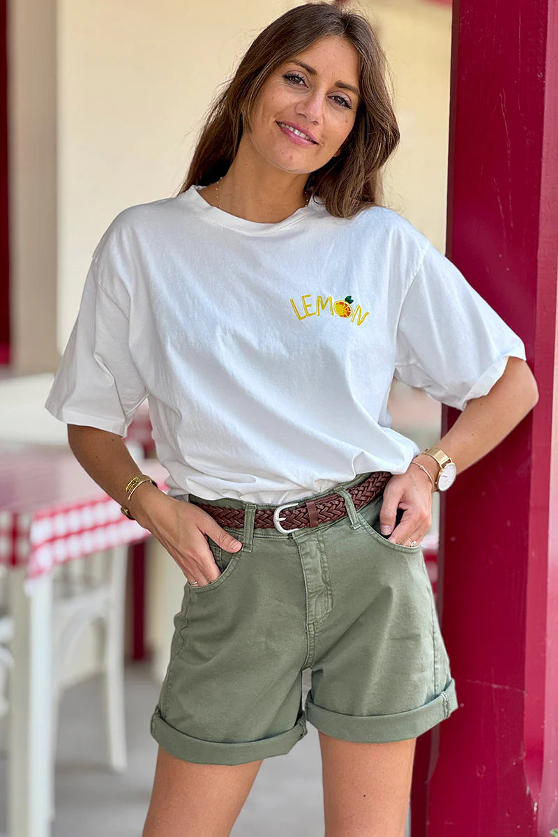 Olive Denim Belted Shorts