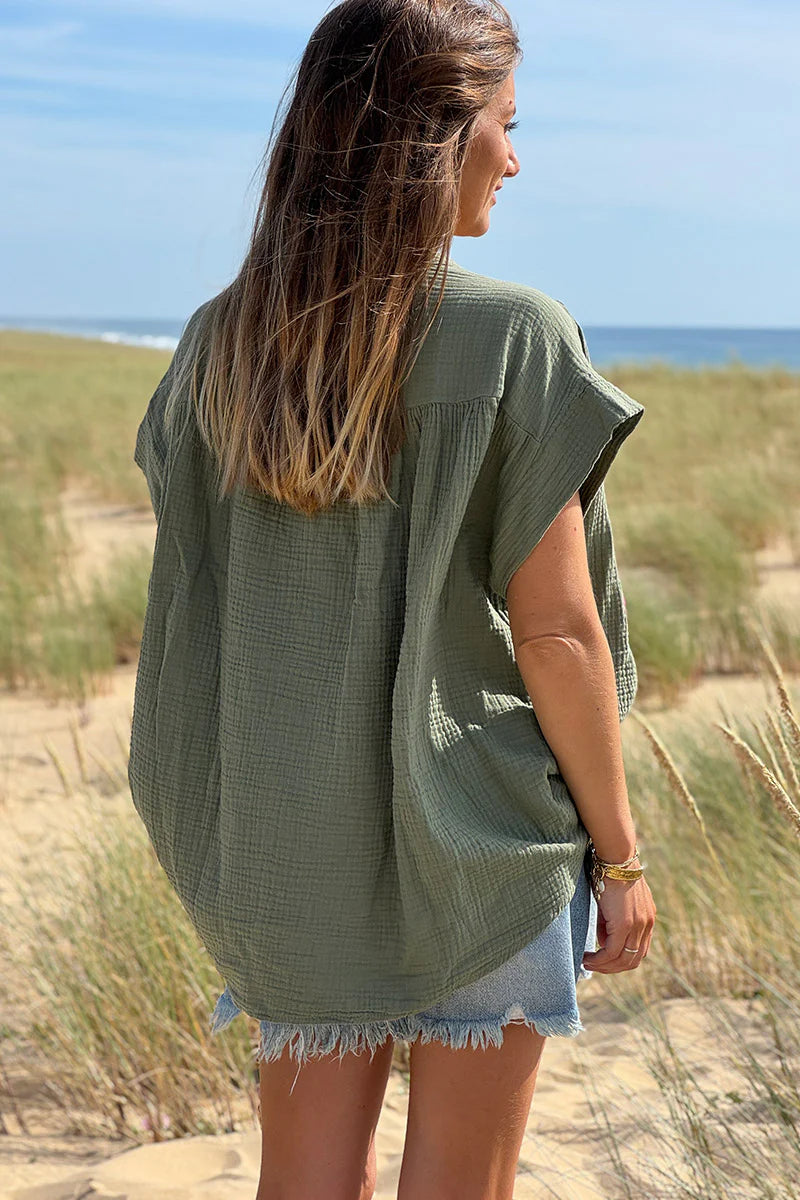 Olive Embroidered Gauze Button-Down Blouse