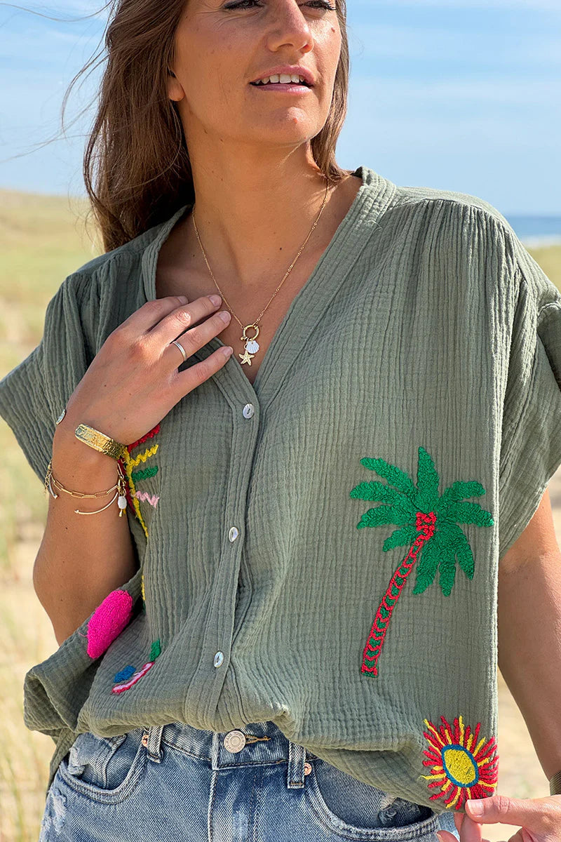 Olive Embroidered Gauze Button-Down Blouse