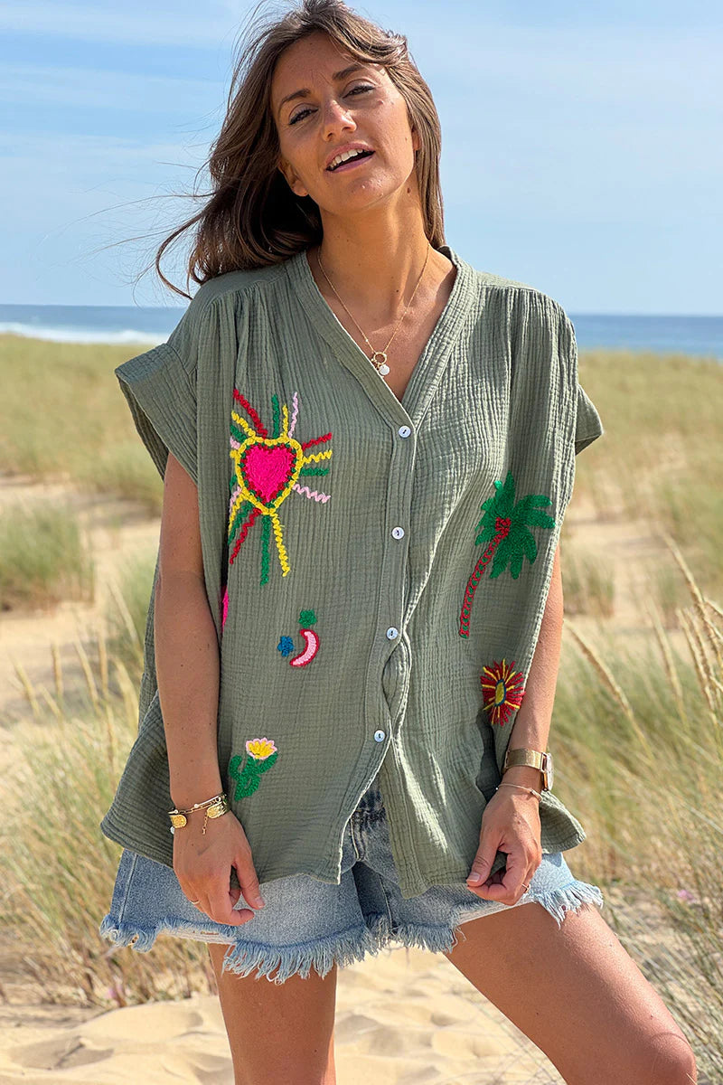 Olive Embroidered Gauze Button-Down Blouse