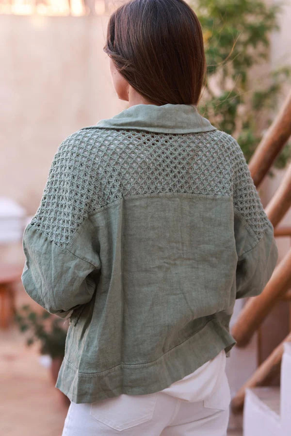 Olive Embroidered Crochet Linen Jean Jacket