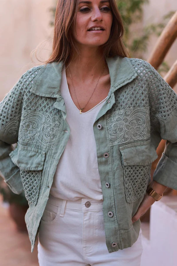 Olive Embroidered Crochet Linen Jean Jacket