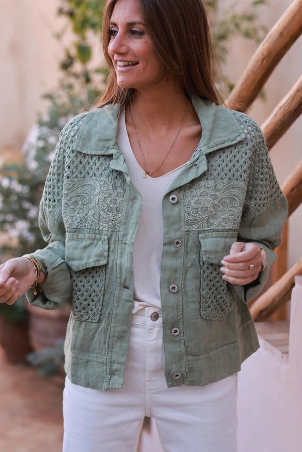 Olive Embroidered Crochet Linen Jean Jacket