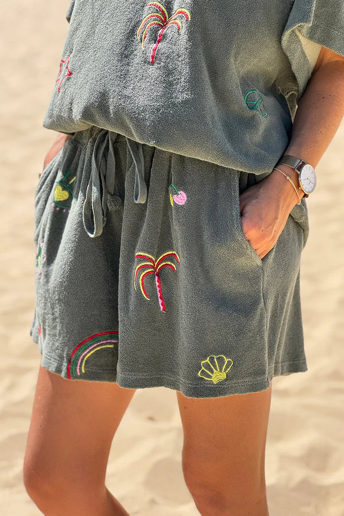 Olive Embroidered Terry Pull-On Shorts