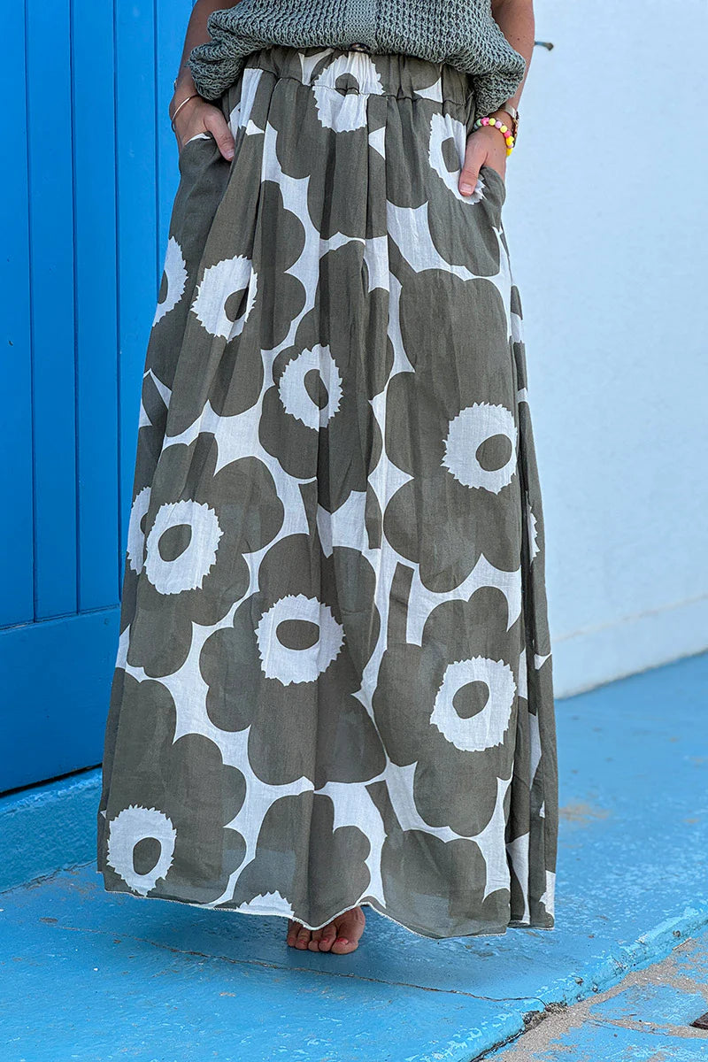 Olive Floral Maxi Skirt with Pockets