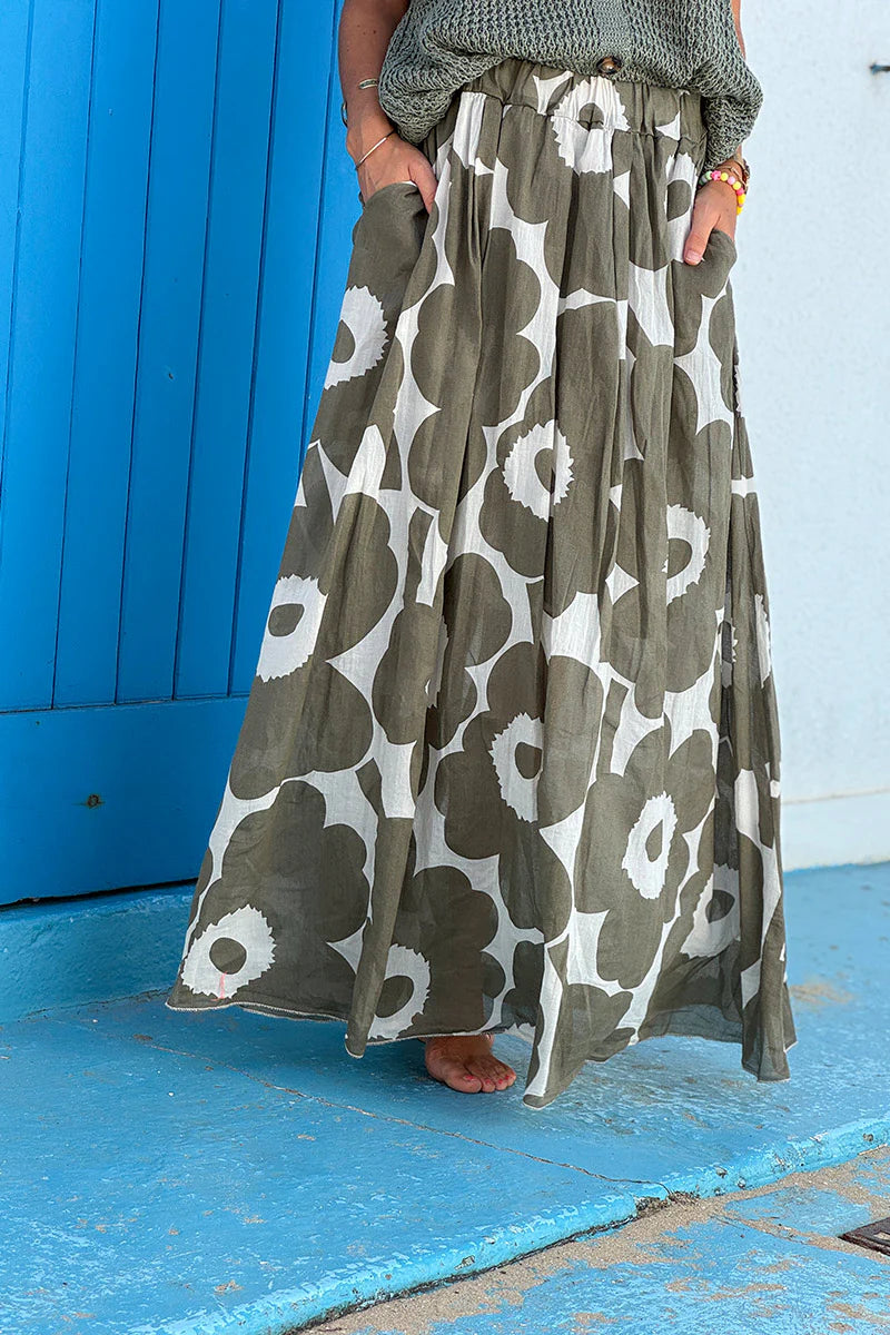 Olive Floral Maxi Skirt with Pockets